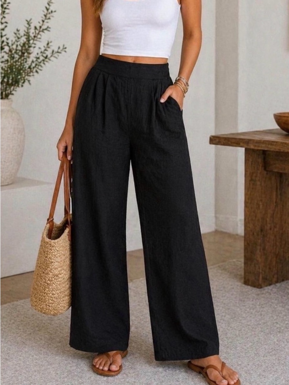 Abercrombie & Fitch Black Wide-Leg Linen Pants